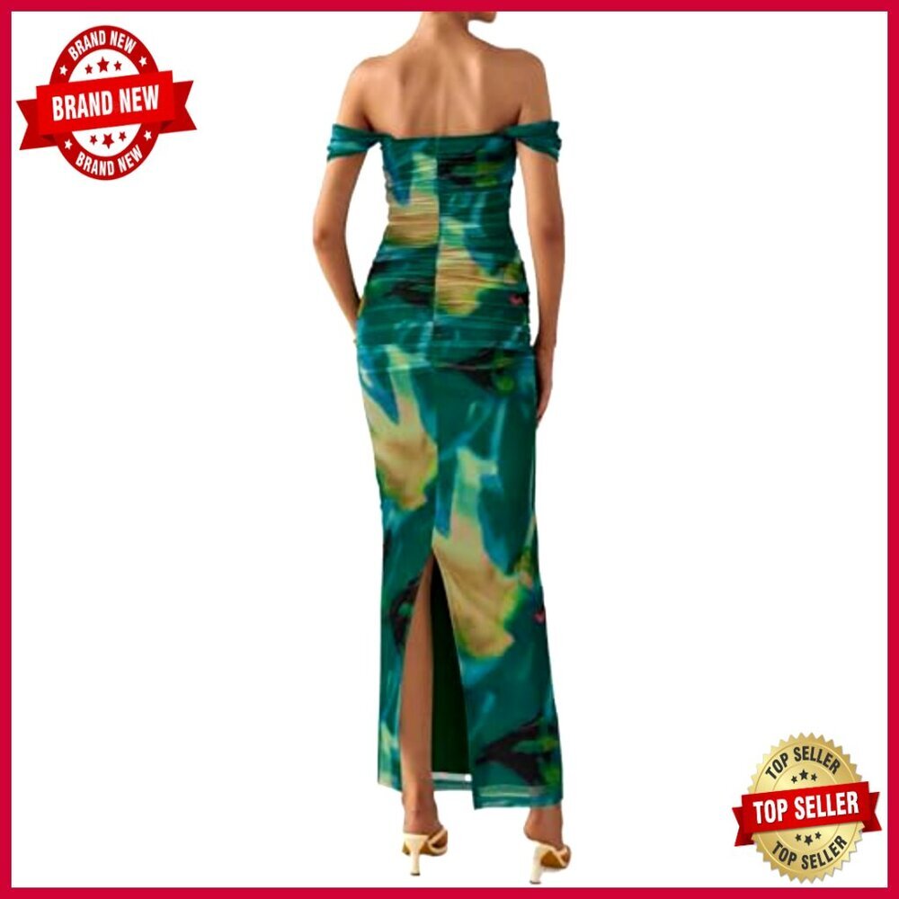 Floral Off Shoulder Ruched Mesh Maxi Dress Elegant Wedding Guest Cocktail - Picture 2 of 7